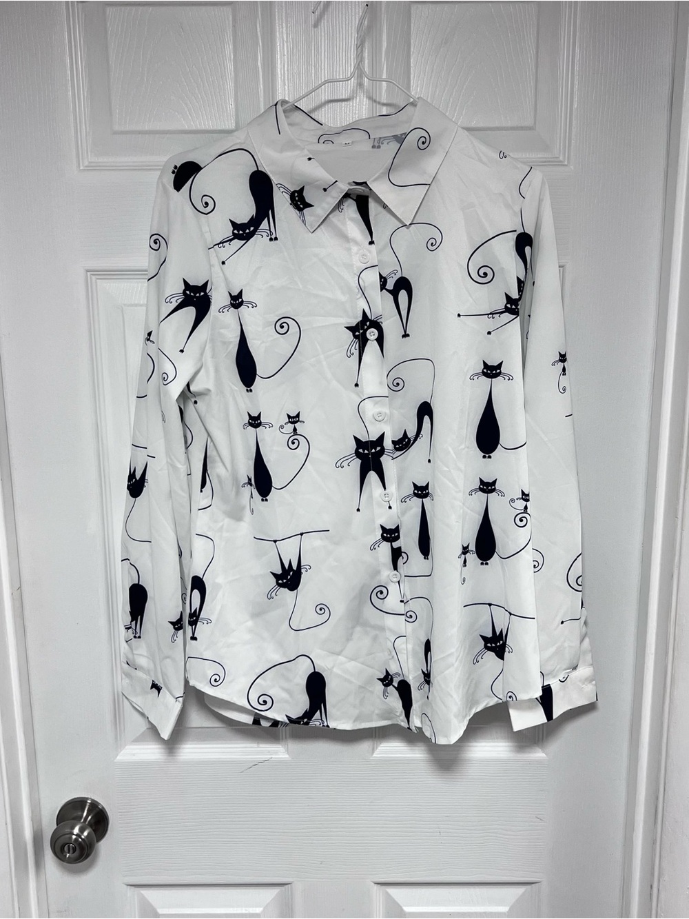 Women’s White Button-Down Shirt with Black Cat Print Size M